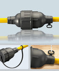 Heavy Duty Outdoor Extension Cord 200 Feet 12 Gauge 3 Prong Grounded Power Cable, bright yellow close-up connectors and loops