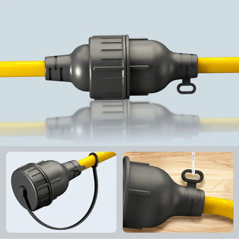 Heavy Duty Outdoor Extension Cord 200 Feet 12 Gauge 3 Prong Grounded Power Cable, bright yellow close-up connectors and loops