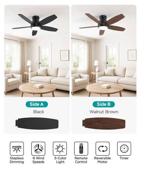 Low Profile 42 Inch Ceiling Fan With Lights No Fuss Quiet DC Motor Remote And App Control Reversible 6 Speed Dimmable LED