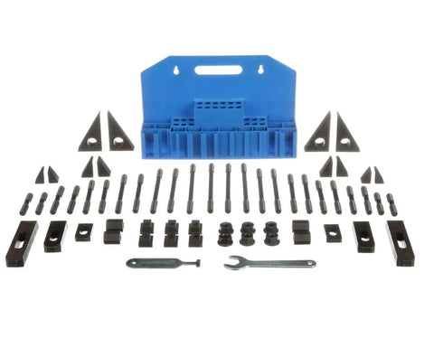 Must Have 58 Piece Clamping Kit With 5/8-11 Studs, T Nuts, Flange Nuts And Coupling Nuts For 3/4 In T Slot, Heavy Duty Pro Grade Workholding Set For Secure, Fast, Clean Setups. 58-piece 3/4 T-slot clamping kit with blue rack, studs, T-nuts, and wrench
