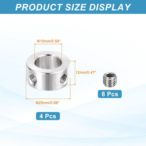 Stainless Steel Shaft Collar Set Of 4 With 15mm ID, 25mm OD, 12mm Thick Double Hole Bore For Gearbox Assemblies