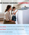Mother and daughter with Samsung washer compatible with WA54R7200 and WA54R7600, focus on Upgraded DC97-16350V Suspension Rods Replacement Kit.