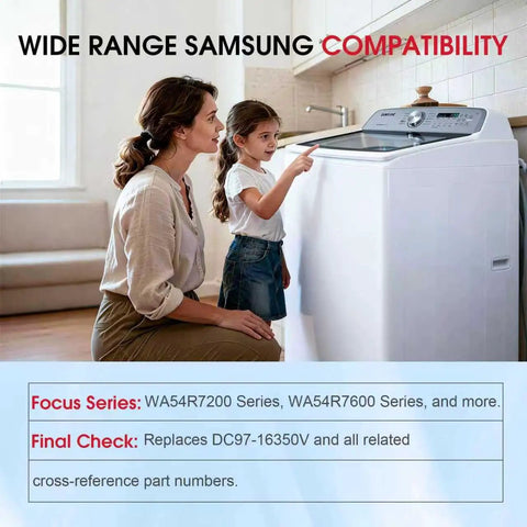 Mother and daughter with Samsung washer compatible with WA54R7200 and WA54R7600, focus on Upgraded DC97-16350V Suspension Rods Replacement Kit.