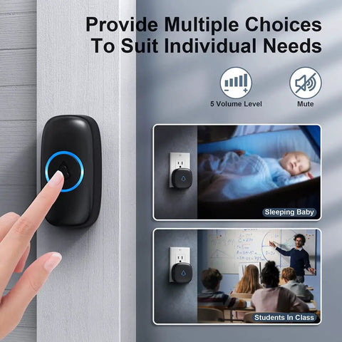 Wireless Doorbell System With Two Receivers And Two Push Buttons, Easy Setup, Adjustable Volume, 58 Chimes, Colorful LED, 1000 Foot Range, M520 F55, Black button and receiver for home, school, and baby room