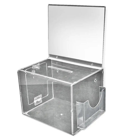 Clear acrylic part of Freestanding Lottery Box On A 40 Inch Pedestal With Lock And Key 11 Inch Wide Box With Sign Holder And 57 And Three Quarters Inches Tall For Raffles And Fundraisers