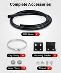 Complete Accessories for Premium Aluminum Coolant Overflow Tank: NBR Hose, clamps, and mounting brackets for easy installation.