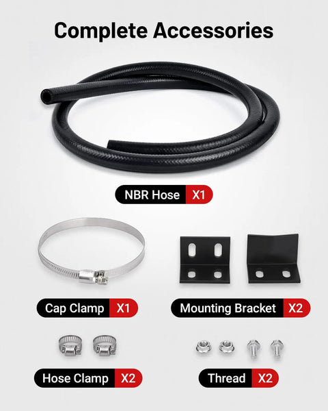 Complete Accessories for Premium Aluminum Coolant Overflow Tank: NBR Hose, clamps, and mounting brackets for easy installation.