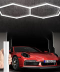 Mega Bright Hexagon LED Garage Light With Rectangle Frame, 14,850 Lumens Of Pure Power, 2 Hex Grid Design installed over car