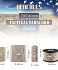 Beefed-Up 750Lb Paracord 4mm 11-Strand Tactical Parachute Cord sizes 50ft to 1000ft displayed with dimensions in desert camo.