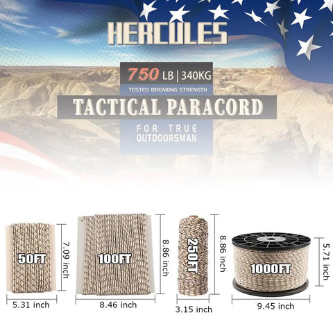 Beefed-Up 750Lb Paracord 4mm 11-Strand Tactical Parachute Cord sizes 50ft to 1000ft displayed with dimensions in desert camo.
