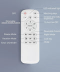Remote control for 52 Inch White Ceiling Fan With Light And Remote Energy Efficient 120V DC Motor Dimmable LED Light Six Speeds Quiet Operation Perfect For Bedroom Or Outdoor Patio Modern Chill Design showing buttons and features.