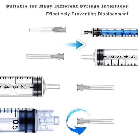 27 Gauge 1 Inch Luer Lock Needles, Pack of 100, Individually Sealed With Cap, Stainless Steel and Polyethylene Construction, Straight and Spiral Luer Locks to Prevent Dislodging, Durable Medical Syringe Tips showing syringe interface fit