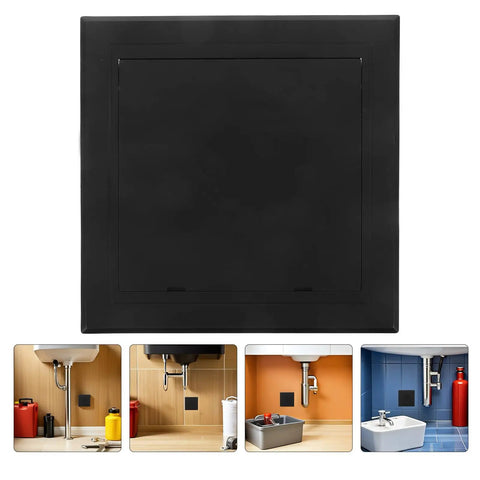 Slick Black Plastic Wall Access Panel Swings Open for Easy Inspections in tight spaces, shown with various plumbing setups.