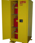 Heavy Duty Weatherproof Flammable Storage Cabinet With Auto Self Closing Doors And Rock Solid Safety Latches For Freakin Safe Chemical Storage Works Awesome Anywhere. Close view with red fire extinguishers inside.
