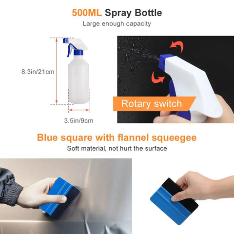 Nine Piece Car Window Tint Tools Kit With Blue Rubber Squeegee And Soft Cloth White Card Squeegee Yellow Corner Squeegee Black Fish Shape Squeegee Mini Pink Squeegee Tint Removal Blade Carving Knife And 500ml Spray Bottle For Easy Film Install, showing spray bottle and blue squeegee