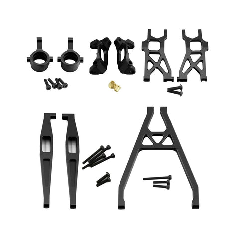 Built Like Steel 1/18 Scale Rc Car Suspension Kit Featuring Bombproof Aluminum C Hubs Front Lower And Rear Lower Arms Coupled With Precision Steering Cups Drop In Swap For Crawler Trucks components layout showing aluminum parts and hardware.