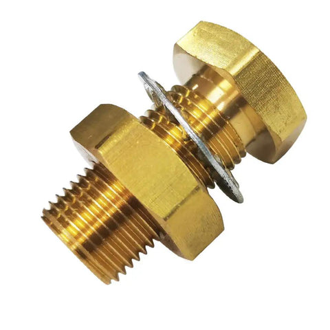 Quarter Inch NPT Female Brass Bulkhead Tank Fitting One And Half Inch Length Pack Of Two Beefy Heavy Duty Bulkhead Couplings With Washer And Nut For Airtight Seal 1200 PSI Max From Minus Sixty Five To Two Hundred Fifty Fahrenheit Corrosion Resistant, brass bulkhead fitting with washer and nut
