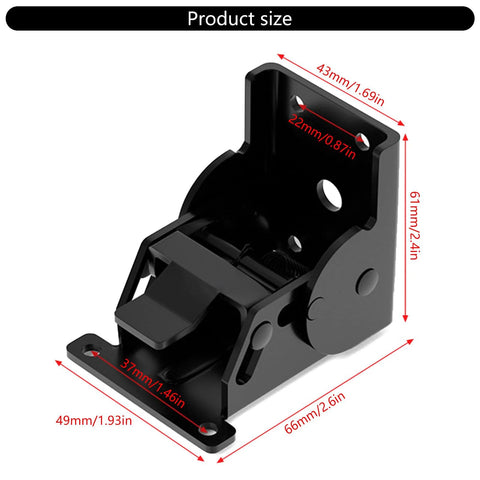 Black metal industrial locking hinge bracket for 90-degree foldable table/bed/workbench legs; front view, high-load.