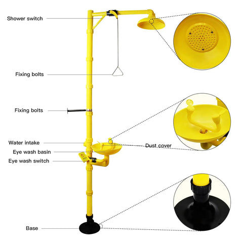 Emergency Shower Eyewash Station Kit for Industrial and Lab Use, OSHA Approved, featuring ABS construction with dual nozzles and components labeled