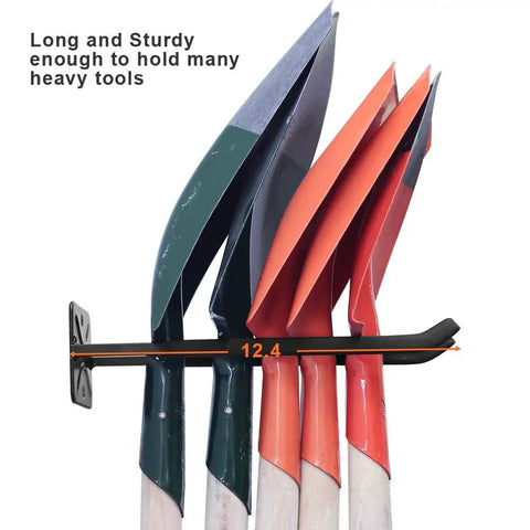Six Pack Heavy Duty 12.4 Inch Wall Mount Garage Hooks Set holding garden tools with non-slip rubber coating, rust resistant