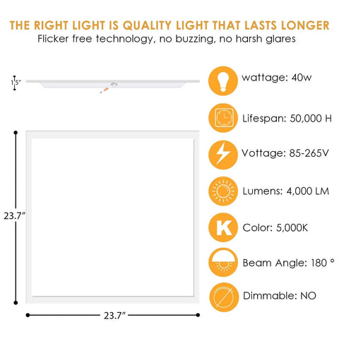 4 Pack LED Flat Panel Lights 2x2ft 40W 4000LM Recessed Backlit Troffer Lights with specifications and diagram