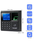 No Sweat Fingerprint Time Attendance System Bundled With Rock Solid 400lb Magnetic Lock Entry Kit Includes Exit Push Switch And Plug In Power Brick For Badass Building Security Upgrades close-up view with keypad and screen.