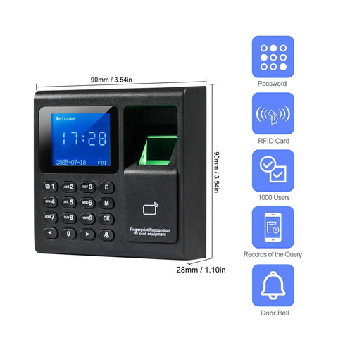 No Sweat Fingerprint Time Attendance System Bundled With Rock Solid 400lb Magnetic Lock Entry Kit Includes Exit Push Switch And Plug In Power Brick For Badass Building Security Upgrades close-up view with keypad and screen.