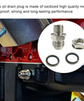 Hella Reliable 10AN Oil Drain Plug M18x1.5 with steel washers shown on an engine block, ideal for turbo oil return.