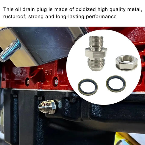 Hella Reliable 10AN Oil Drain Plug M18x1.5 with steel washers shown on an engine block, ideal for turbo oil return.