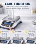 Pro Grade Digital Analytical Balance And Lab Scale With 5000 G Capacity And 0.01 G Precision, shown with tare function instructions