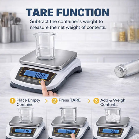 Pro Grade Digital Analytical Balance And Lab Scale With 5000 G Capacity And 0.01 G Precision, shown with tare function instructions