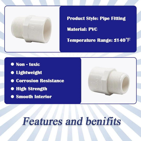 10 Pack One Half Inch PVC Male Thread Pipe Fittings White Two Way Coupling Adapters for Schedule 40 PVC plumbing specs
