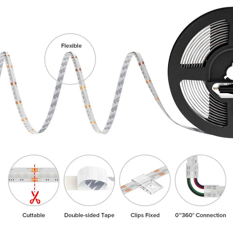 Ultra Bright FCOB RGB LED Strip Light 810 LEDs Per Meter High Density Flexible Color Changing Tape, features details and reel.