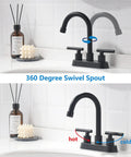 Matte Black Two Handle Bathroom Faucet For 4 Inch Centerset Sinks With Pop Up Drain And Water Supply Lines Made From 304 Stainless Steel Rust And Fingerprint Resistant Built To Last Easy Install No Fuss Vanity Fixture showing 360 degree swivel spout feature.