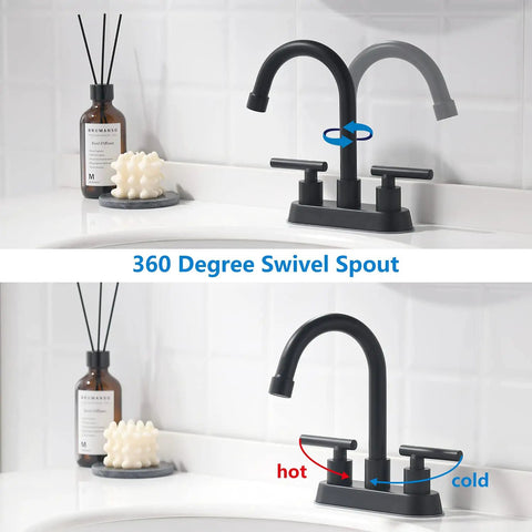 Matte Black Two Handle Bathroom Faucet For 4 Inch Centerset Sinks With Pop Up Drain And Water Supply Lines Made From 304 Stainless Steel Rust And Fingerprint Resistant Built To Last Easy Install No Fuss Vanity Fixture showing 360 degree swivel spout feature.