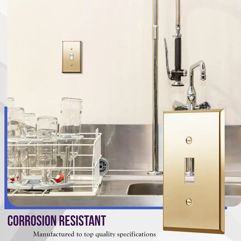 Polished Brass 1-Gang Toggle Light Switch Wall Plate in Gold Finish near kitchen sink, corrosion-resistant, 4.50 by 2.76 inches
