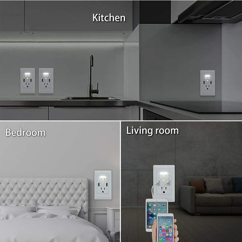 No Fuss Dual Usb Wall Outlet With Auto Light Sensor 4.2A Fast Charge Port 15 Amp AC Receptacle in kitchen, bedroom, living room.
