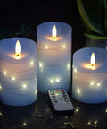 Sky Blue LED Flameless Candle Set With Embedded Starlight String, three real wax candles, 11 key remote visible