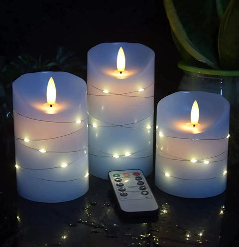 Sky Blue LED Flameless Candle Set With Embedded Starlight String, three real wax candles, 11 key remote visible
