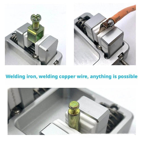Pro Grade Soldering Station Wire Clamp Fixture Table for Stable Circuit Board Assembly showing close-up of aluminum jaw with wire