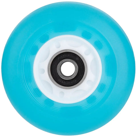 Close-up of a blue Dope Light Up Inline Skate Wheels With LED Lights No Batteries Needed Powered By Centrifugal Force Flashing Roller Skate Wheels With ABEC 9 Bearings 72mm 76mm 80mm Blue 4 Pack For Night Rides.