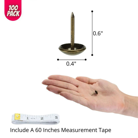 Bronze Upholstery Tacks 100 Pack Decorative Nail Heads For Furniture, 0.4 inch diameter, 0.6 inch length, with measuring tape