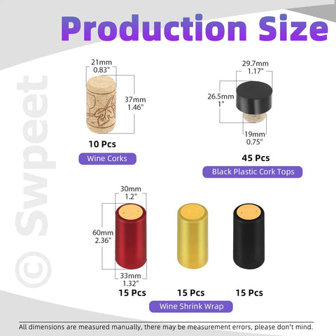 Production size details for 100 Piece PVC Heat Shrink Wine Bottle Capsule Kit With Black Plastic Tops In Killer Gold Black And Red Assortment.