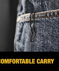 Push And Flip Folding Utility Knife With One-Handed Operation clipped onto jeans pocket for easy jobsite carry