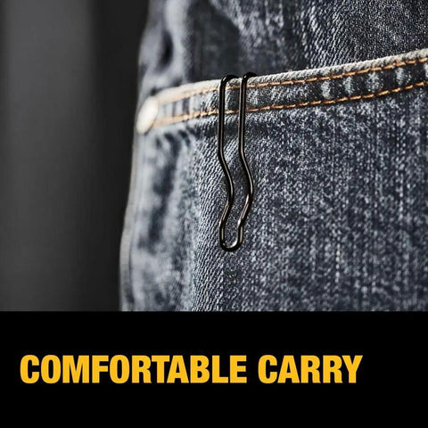 Push And Flip Folding Utility Knife With One-Handed Operation clipped onto jeans pocket for easy jobsite carry
