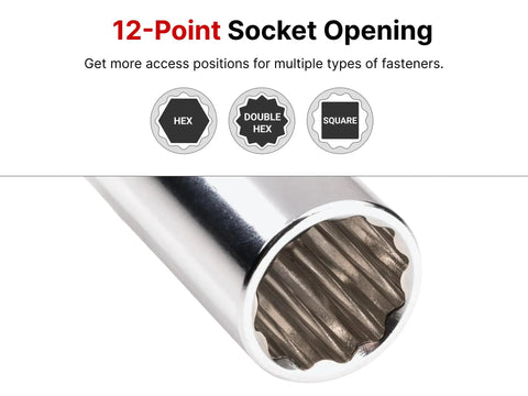 12-Point socket opening of 3/8 Inch Drive to 3/4 Inch Semi-Deep 12-Point Socket For Gearheads, chrome plated exterior.
