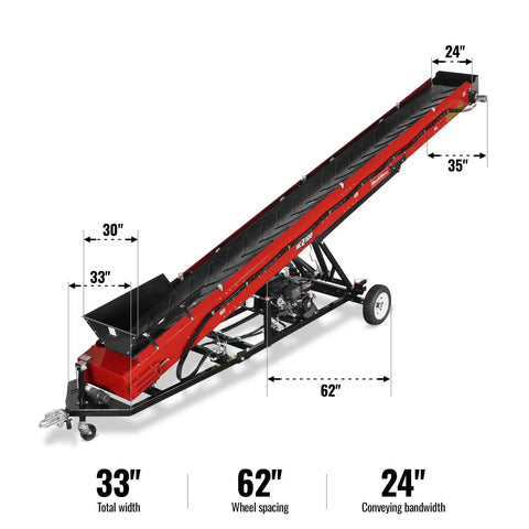 Heavy Duty Firewood Conveyor With Tires, Trailer Hitch, Stop Button And Tail Lights, 9 HP Gasoline Powered Hydraulic Drive