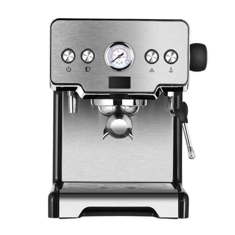 Front view of a compact high-pressure espresso or coffee machine for home use with steam wand and milk frother, aluminum alloy body.