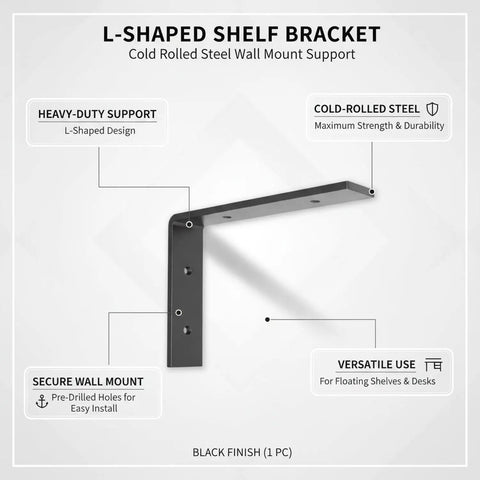 Sturdy L Shaped Wall Mount Bracket For Floating Shelves And Desks, Black Cold Rolled Steel, Heavy Duty Support, diagram view