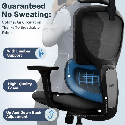 Heavy Duty Ergonomic Mesh Office Chair For Tall Folks With 4D Armrests 2D Headrest 135 Degree Recline Locking Swivel Seat Lock